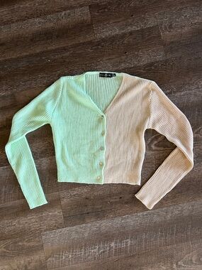Two-Tone Cropped Ribbed Cardigan - Mint & Beige